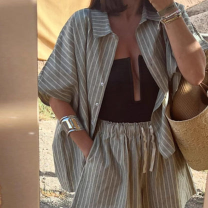 Women’s Button-Down Shirt & Shorts Set with Stripe Print