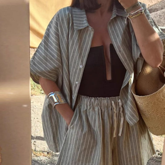 Women’s Button-Down Shirt & Shorts Set with Stripe Print