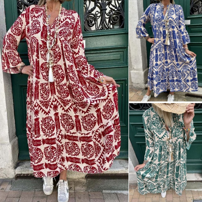 🌺Summer Hot Sale 50% OFF💐💃Women's Printed V-Neck Pleated Dress