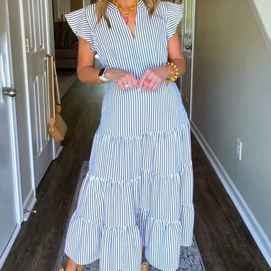 Women’s Striped Tiered Ruffle Midi Dress