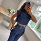 Women's Trendy Fashion High-Neck Short Top & High-Waist 3/4 Length Pants Outfits