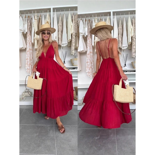 Women's Deep V-Neck Backless Maxi Dress