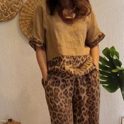 Stylish Patchwork Short Sleeve Top & Wide Leg Pants Two Piece Set