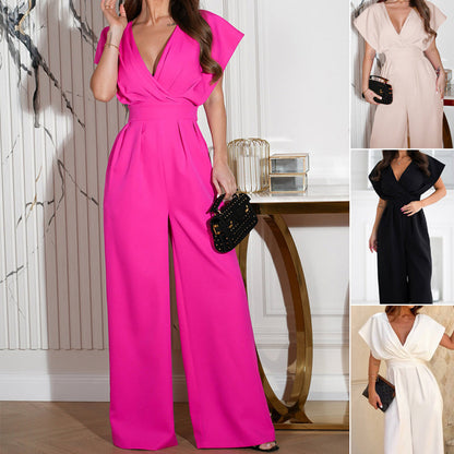 👗 Women’s V - Neck Wide - Legged Jumpsuit | One - Piece Chic & Comfort