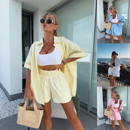 Vibrant Solid Color Short Sleeve Shirt & High Waisted Shorts 2-Piece Set