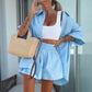 Vibrant Solid Color Short Sleeve Shirt & High Waisted Shorts 2-Piece Set