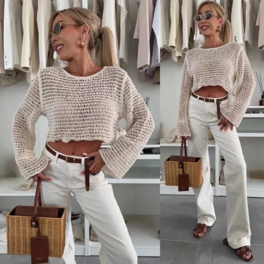 Women's Long Sleeve Hollow Out Knitted Top