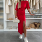 Cotton Short Sleeve Slit Midi Dress