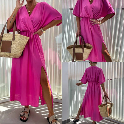Women's Casual V-Neck Solid Color Slit Dress