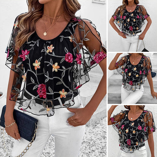 Women's Printed Mesh Patchwork Top