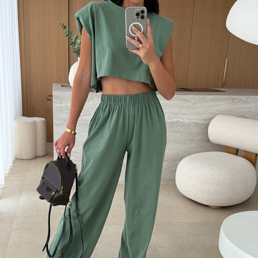 Women's Casual Cropped Top & Full-Length Pants Set