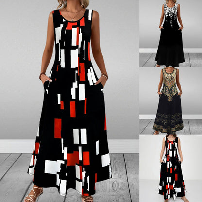 Printed Sleeveless Round-Neck Ankle-Length Dress