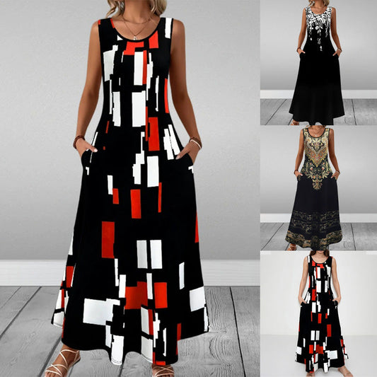 Printed Sleeveless Round-Neck Ankle-Length Dress