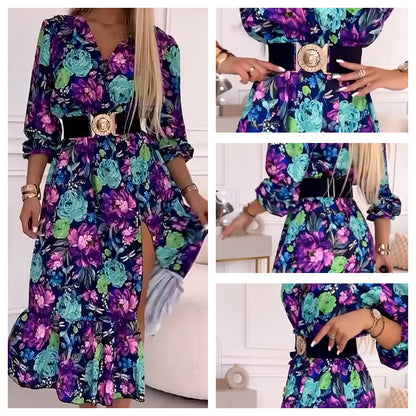 Women’s Elegant Floral Print V-Neck Side Slit Dress