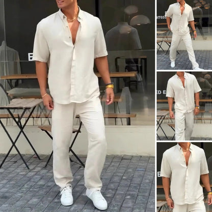 Men’s Solid Lapel Short-Sleeve Tops ＆ Pants 2-Piece Set