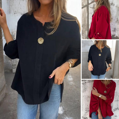 Women's Simple Loose-Fit Top with Rolled Sleeves