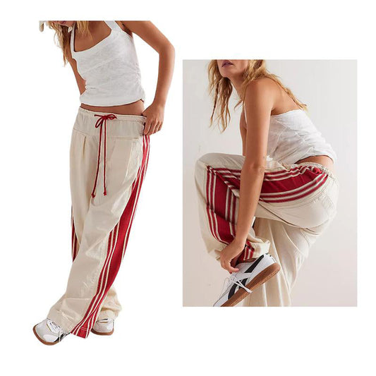 Women’s Striped Drawstring Wide-Leg Pants with Pockets