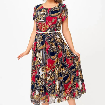 Vintage Print Chiffon A-Line Dress