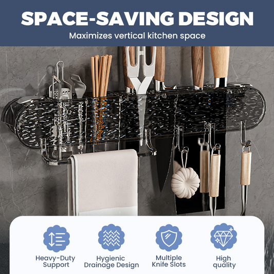 Wall-Mounted Organizer Rack with Hooks for Kitchen