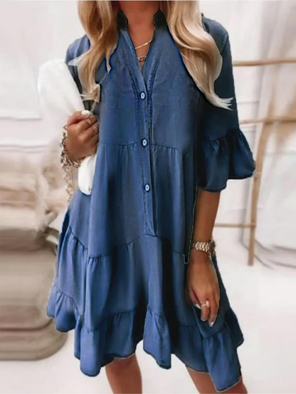 🔥Last Day Promotion 50% OFF👗V-Neck Ruffle Trim Summer Dress – Lightweight Denim Look