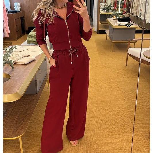 Solid Zip-Up Short Hoodie & Drawstring Pants 2-Piece Set