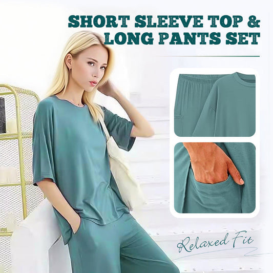 🔥Casual 2-Piece Loose-Fit Short Sleeve Top & Wide-Leg Pants Set with Pockets