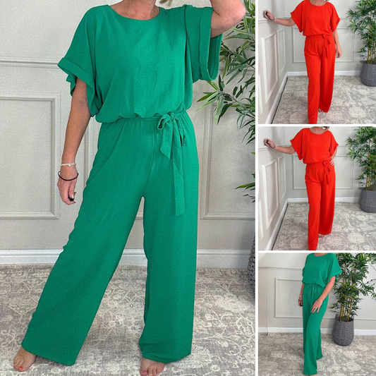 Womens Loose Short Sleeve Belted Wide Leg Pant Romper