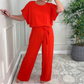 Womens Loose Short Sleeve Belted Wide Leg Pant Romper