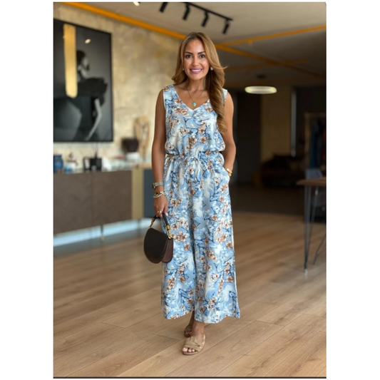 V-Neck Sleeveless Floral Waist-Cinching Jumpsuit