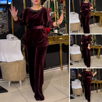 Round Neck Rhinestone Top & Wide-Leg Pants 2-Piece Set