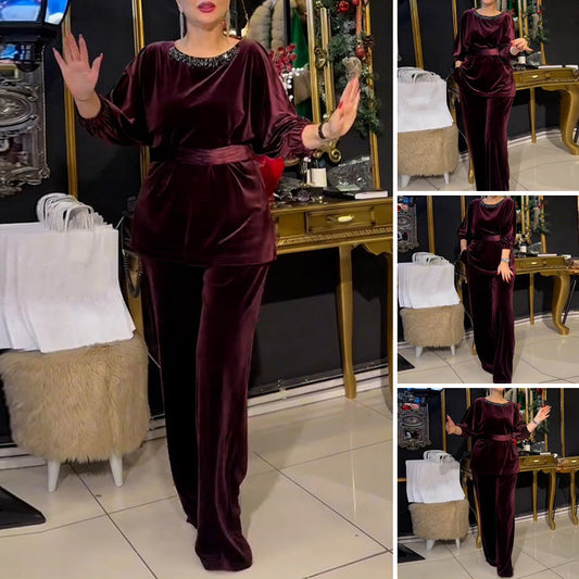 Round Neck Rhinestone Top & Wide-Leg Pants 2-Piece Set