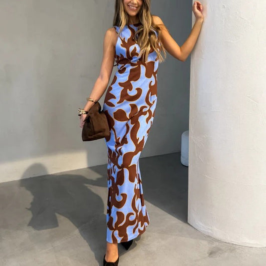 Women's Elegant Print Backless Maxi Dress