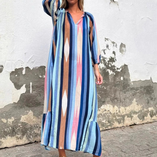 Women's V-Neck Long Sleeve Striped Dress