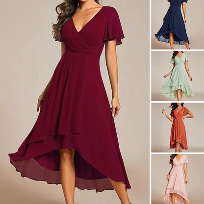 Women's V-Neck Ruffled Asymmetrical Hem Dress