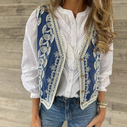 Women's Vintage Button-Front Embroidered Vest