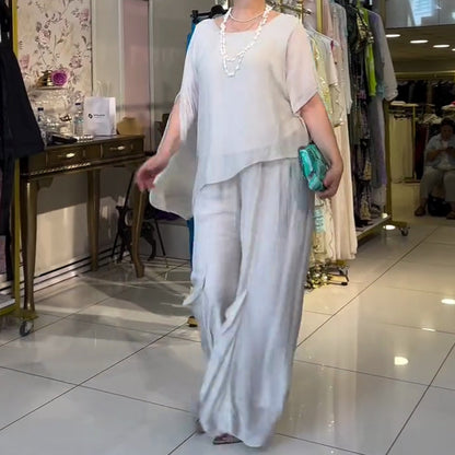 Elegant Flowy Set - Irregular Top & Wide-Leg Pants