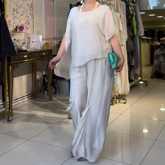 Elegant Flowy Set - Irregular Top & Wide-Leg Pants