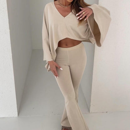 Solid Color Sexy V-Neck Top & Wide Leg Pants Two-Piece Set