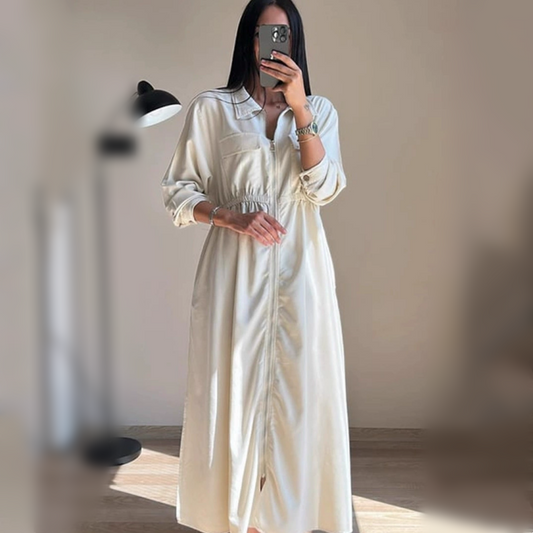 Long-Sleeve Zip-Up Dress with Waist Cinching