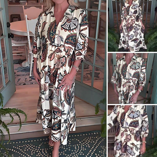 Women's Vintage Print V-Neck Loose Fit Dress