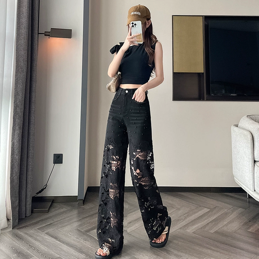 Women’s Spliced Hot Rhinestones Printing Hollow Pants