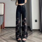Women’s Spliced Hot Rhinestones Printing Hollow Pants