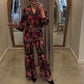 Elegant Floral Suit - V-Neck Top & Wide-Leg Pants