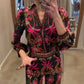 Elegant Floral Suit - V-Neck Top & Wide-Leg Pants
