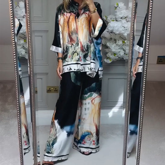✨ Printed 2-Piece Set: Loose Shirt + Wide-Leg Pants, Comfortable & Stylish