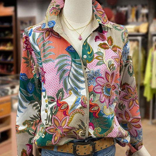 Women's Floral Print Lapel Long Sleeve Blouse