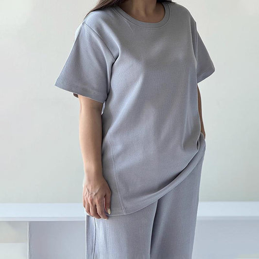 Women's Casual Solid Tops ＆ Wide-Leg Pants 2-Piece Set