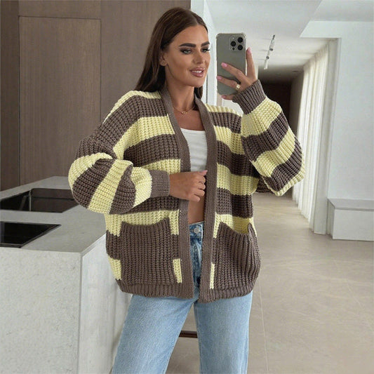 Women's Stylish Striped Open Front Sweater