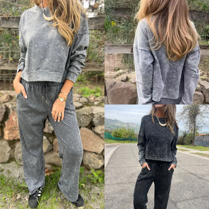 Vintage Washed Pullover Cropped Hoodie & Pants Set