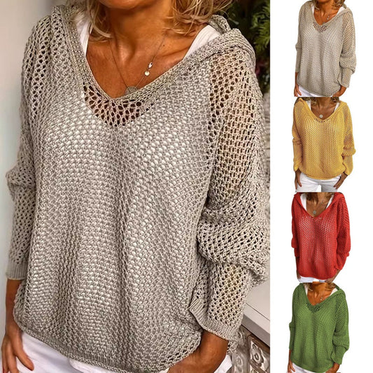 Women's Crochet Hollow Out Hooded Long Sleeve Tops